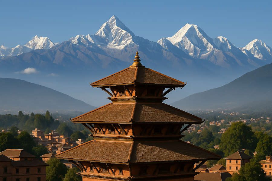Traditional Nepali temple framed by Himalayan mountains